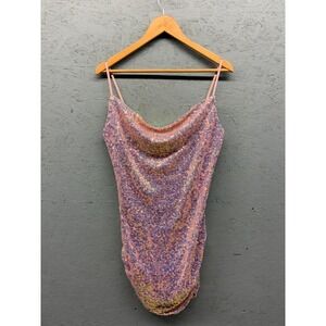 MNG Dress Women's 8 Pink Sequin Sparkle Ruched Mini Slip Cowl Neck Party Cocktai